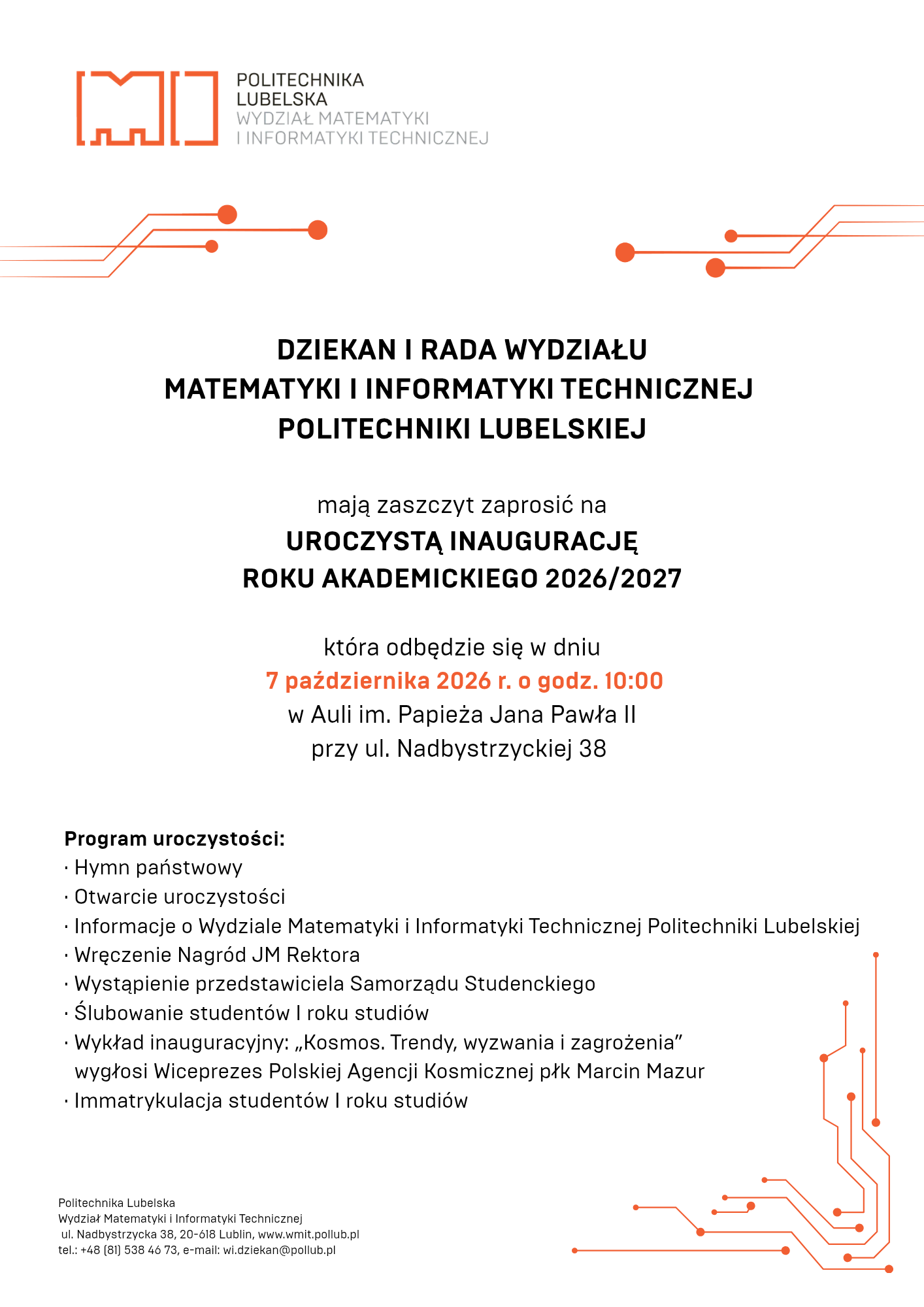 Inaugruacja roku na WMIT 6 października 2026 r.
